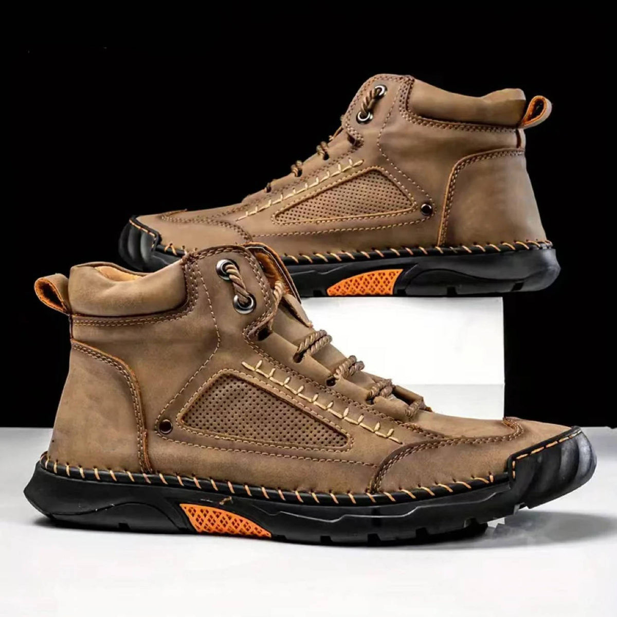 Men's Lace-Up Outdoor Ankle Boots with Hand-Stitched Detail – Khaki
