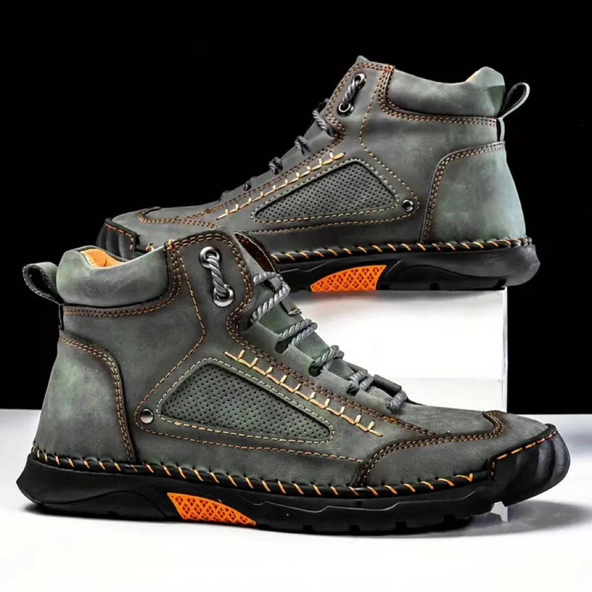 Men's Lace-Up Outdoor Ankle Boots with Hand-Stitched Detail – Olive Green
