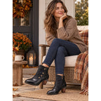 Women's Black Ankle Boots with Floral Buttons and Soft Ruching