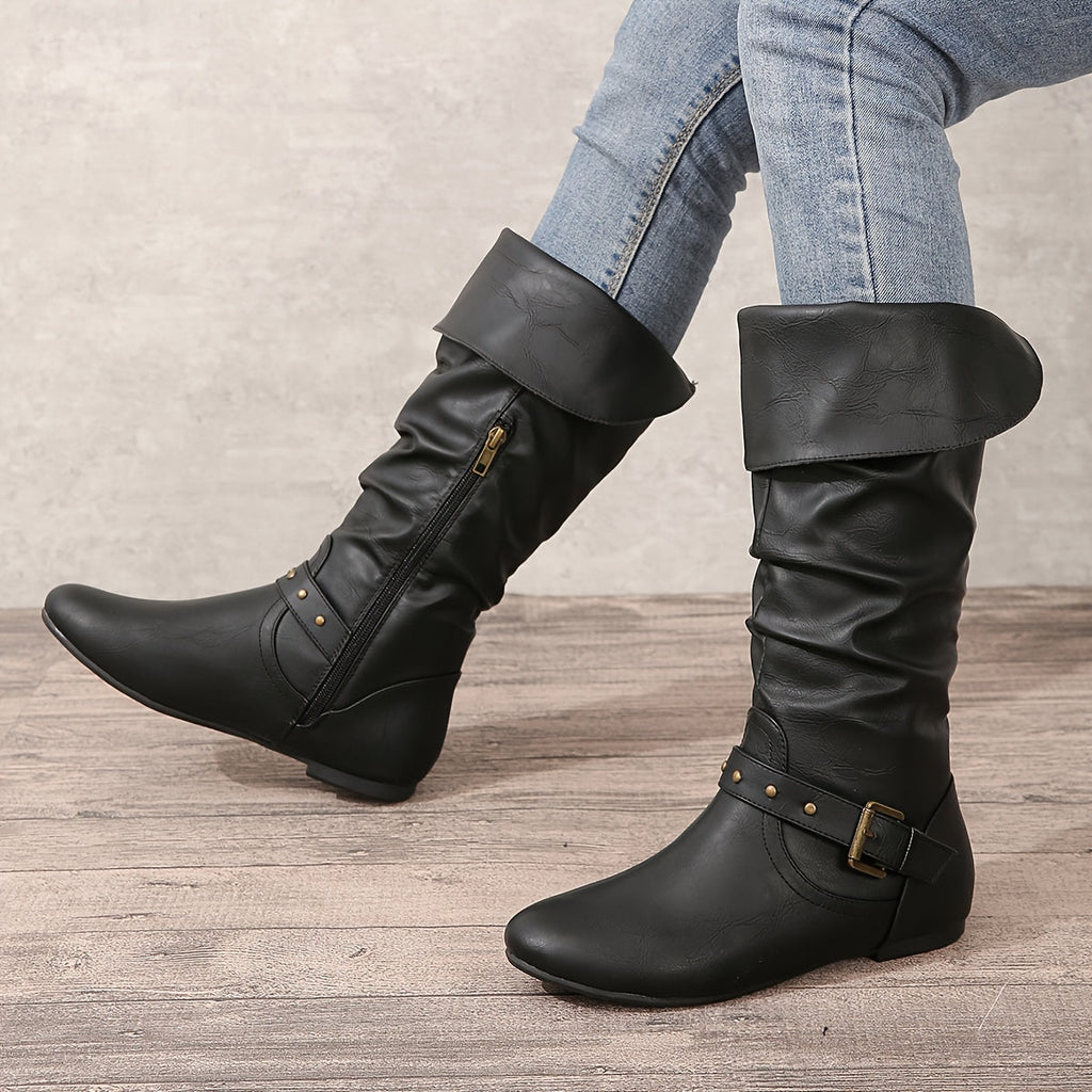 Women's Flat Round Toe Tall Boots with Buckle Strap