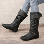 Women's Flat Round Toe Tall Boots with Buckle Strap