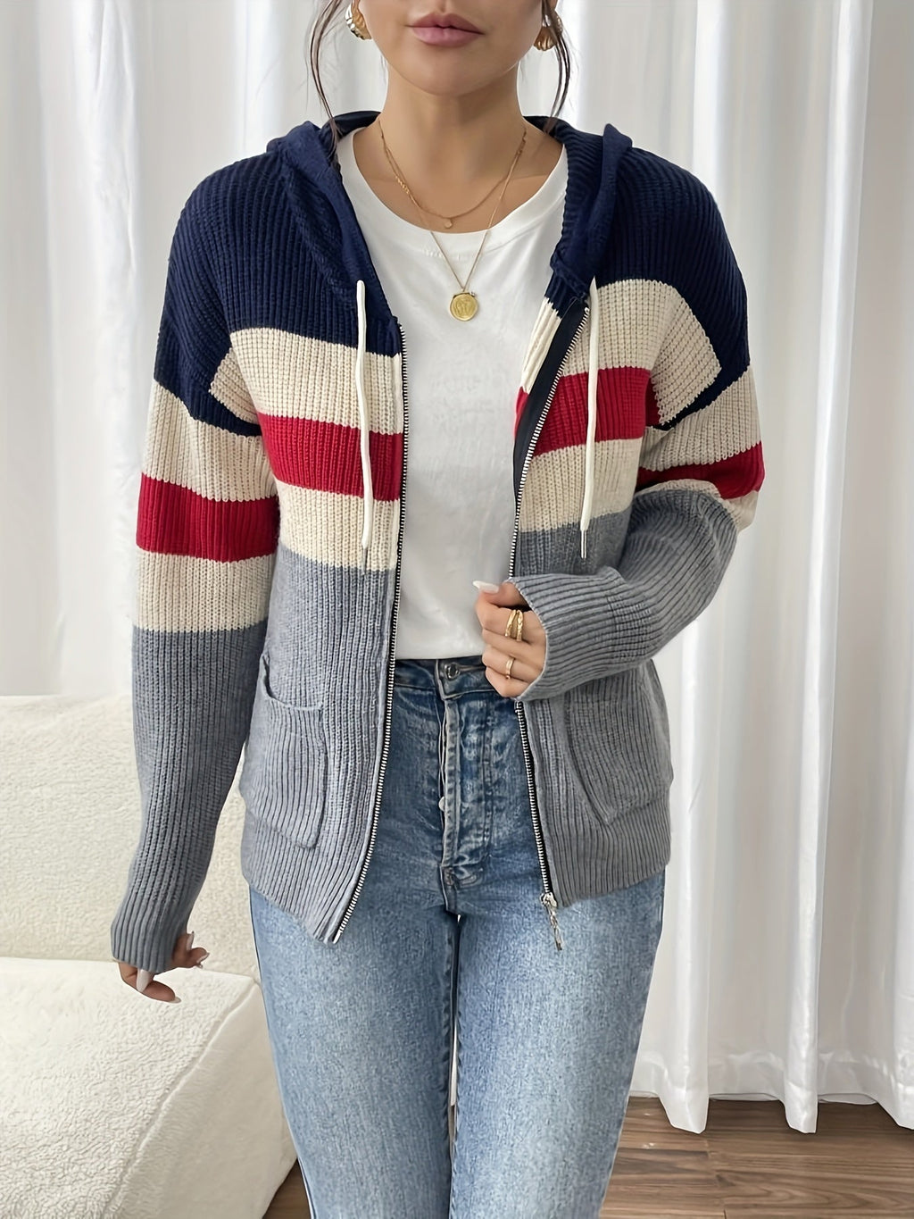 Women's Ribbed Knit Zip-Through Hooded Cardigan
