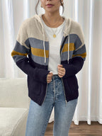 Women's Ribbed Knit Zip-Through Hooded Cardigan