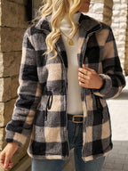 Women's Plush Check Full-Zip Hooded Jacket in Black and Beige