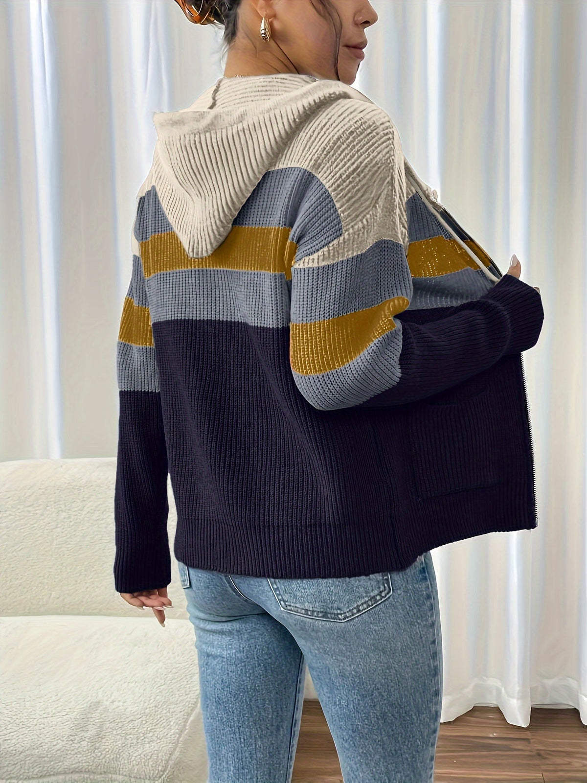 Women's Ribbed Knit Zip-Through Hooded Cardigan