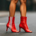 Women's Striped Mid Heel Peep Toe Ankle Boots – Wine Red