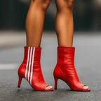 Women's Striped Mid Heel Peep Toe Ankle Boots – Wine Red
