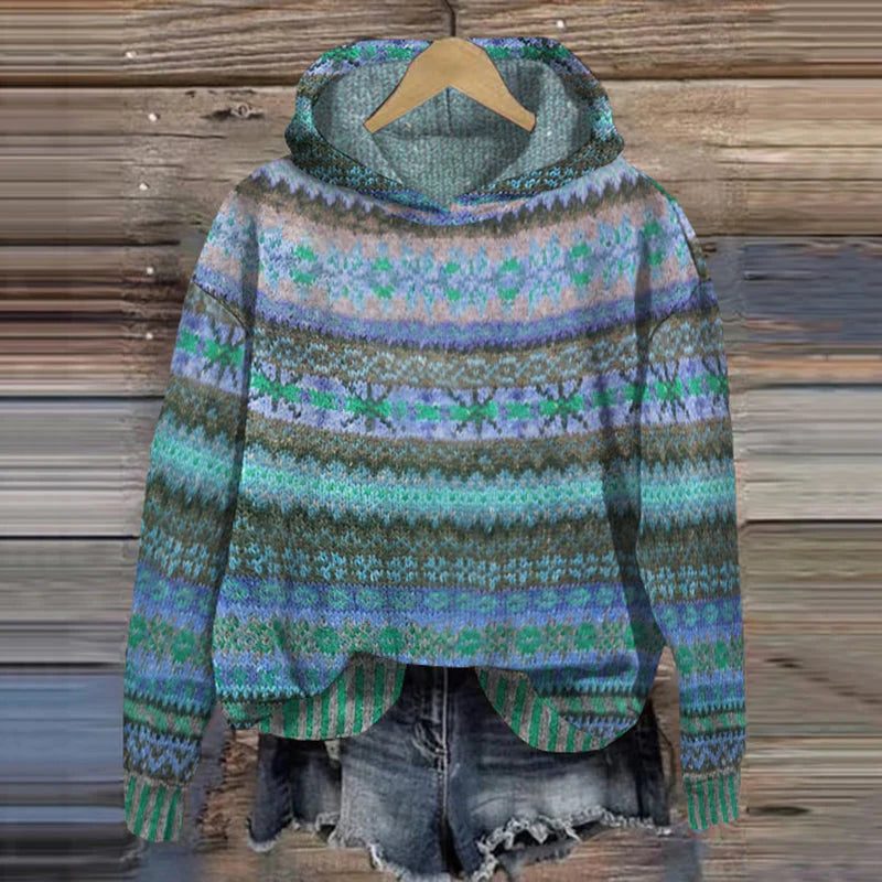 Women's Hip-Length Fair Isle Knit Hoodie - Blue