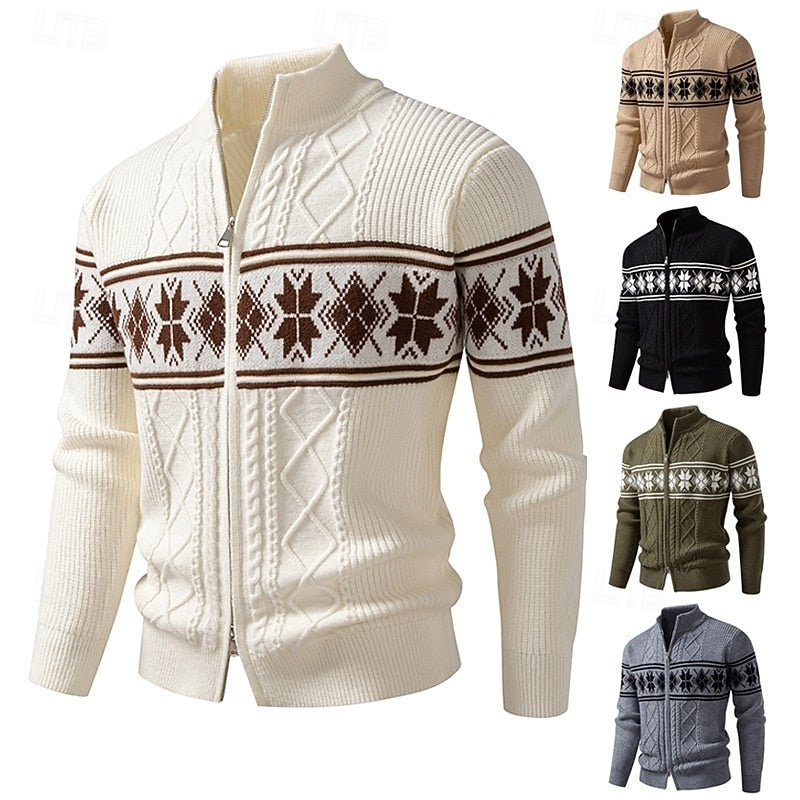 Women's Ribbed Knit Stand Collar Fair Isle Zip Cardigan