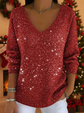 Women's All-Over Sparkle V-Neck Party Jumper - Red