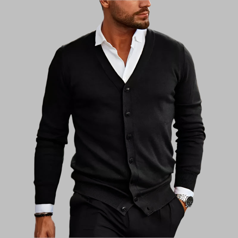 Men's Lightweight V-Neck Button-Front Knitted Cardigan – Black