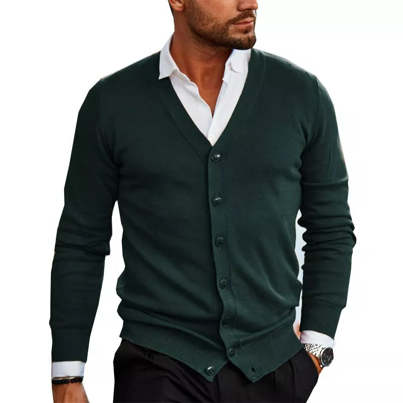 Men's Lightweight V-Neck Button-Front Knitted Cardigan – Dark Green