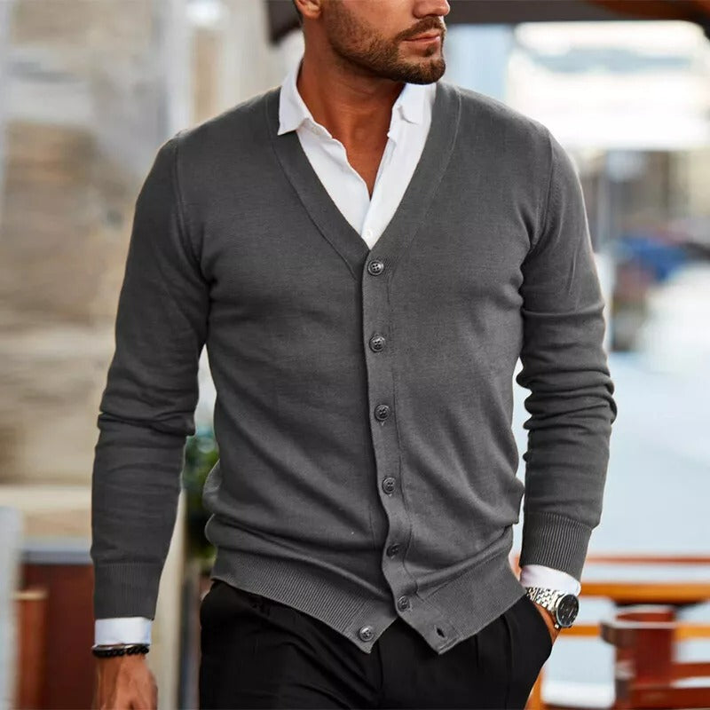 Men's Lightweight V-Neck Button-Front Knitted Cardigan – Grey