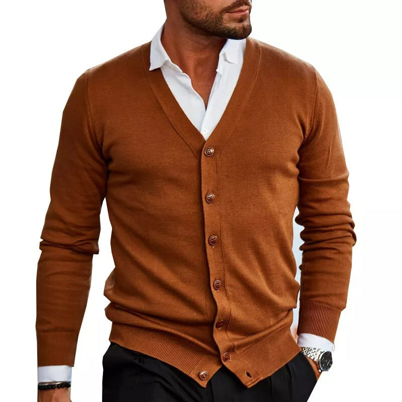 Men's Lightweight V-Neck Button-Front Knitted Cardigan – Brown