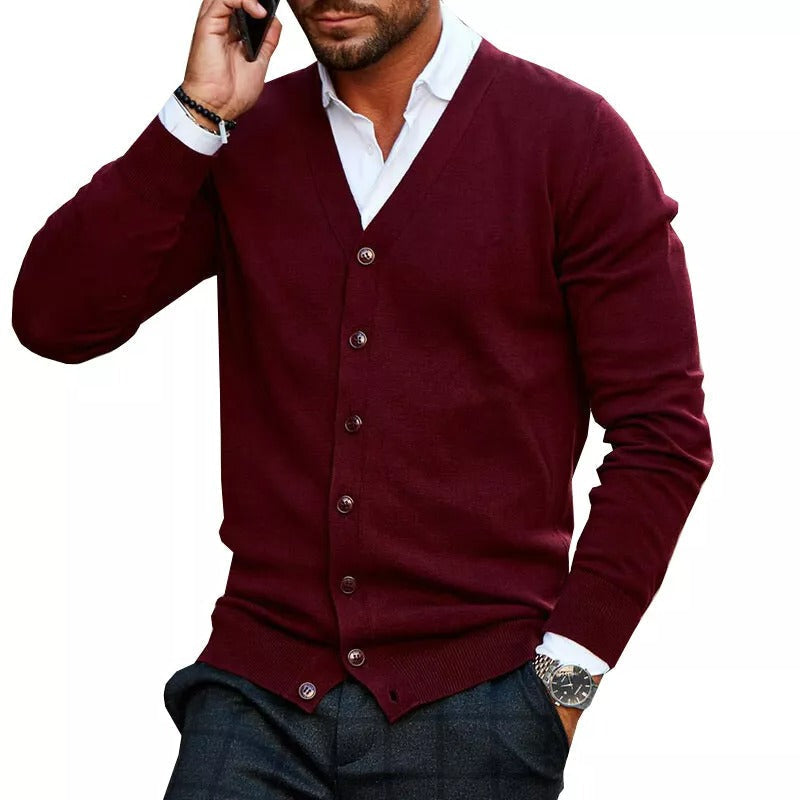 Men's Lightweight V-Neck Button-Front Knitted Cardigan – Wine Red