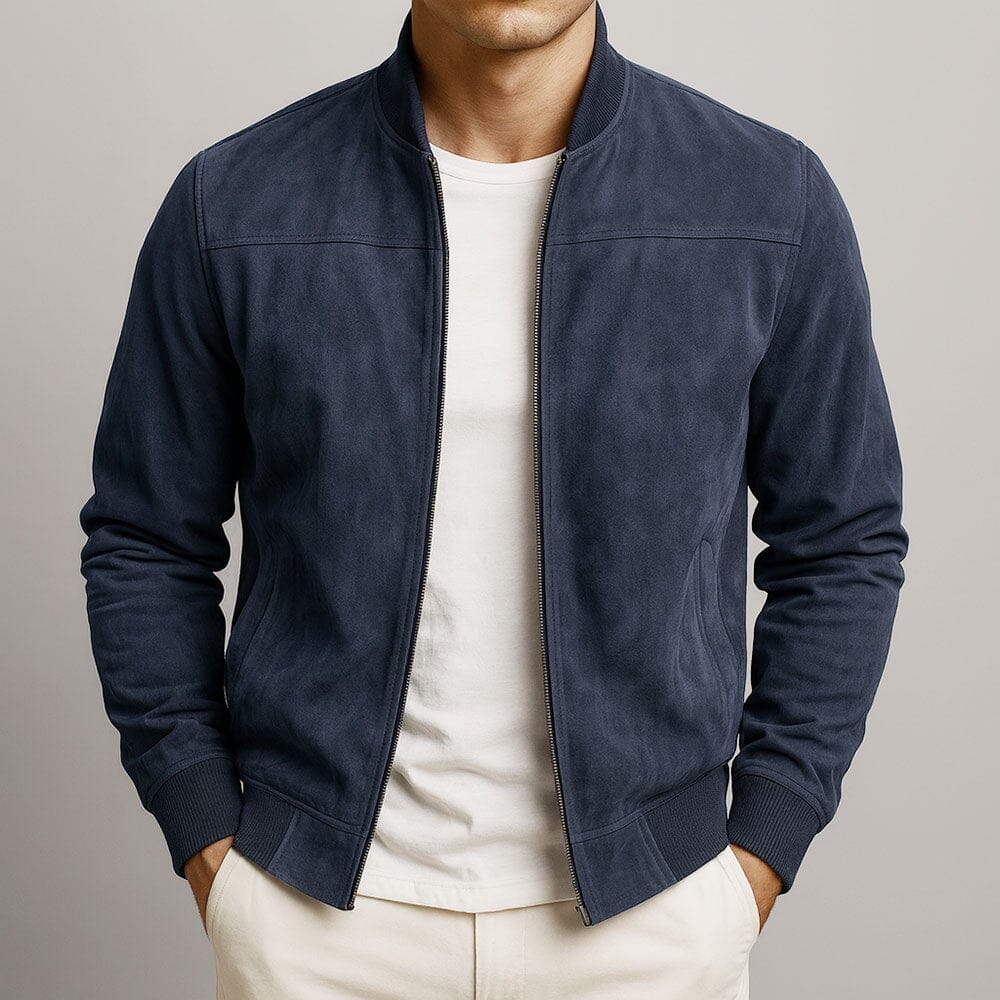 Men's Between-Season Suede Bomber Jacket in a Slim Cut – Navy Blue