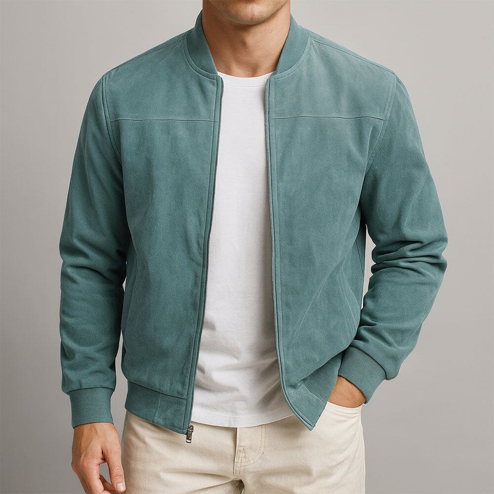 Men's Between-Season Suede Bomber Jacket in a Slim Cut – Blue Green