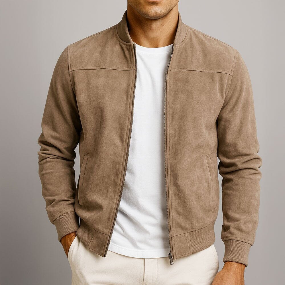 Men's Between-Season Suede Bomber Jacket in a Slim Cut – Brown
