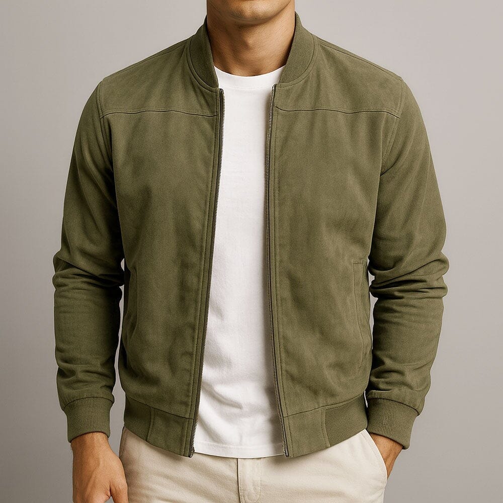 Men's Between-Season Suede Bomber Jacket in a Slim Cut – Olive Green