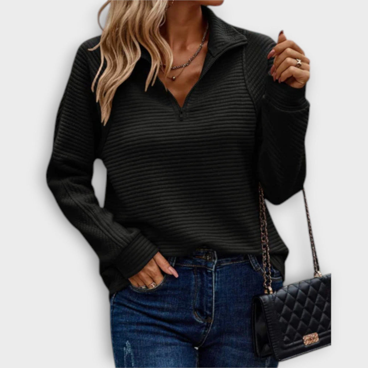 Women's V-Neck Zip Front Ribbed Jumper - Black