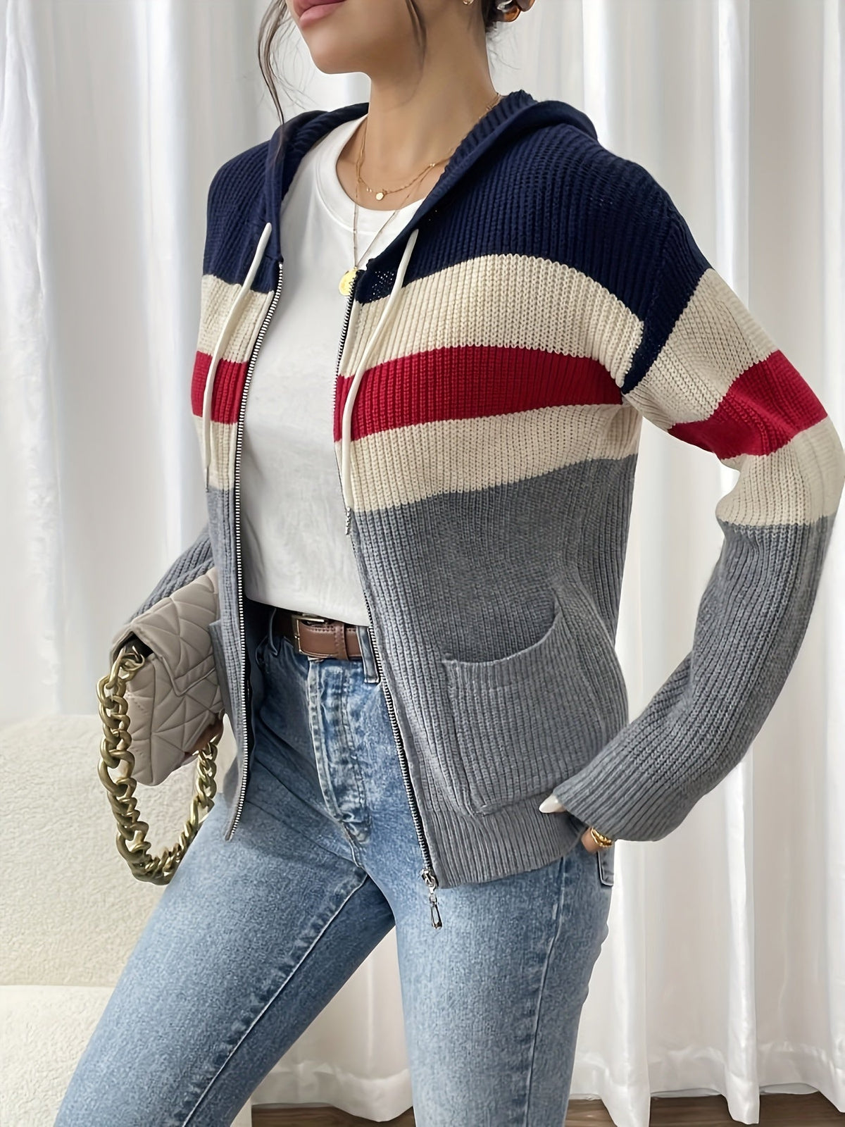 Women's Ribbed Knit Zip-Through Hooded Cardigan