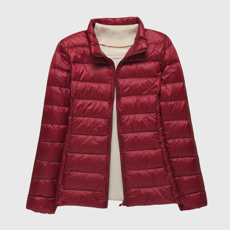 Women's Lightweight Quilted Jacket with Hood or Stand Collar – Burgundy Stand Collar