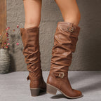 Women's Soft Slouch Block Heel Boots with Buckle Accents