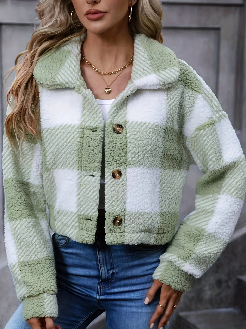 Women's Short Brushed Check Jacket with Button Front