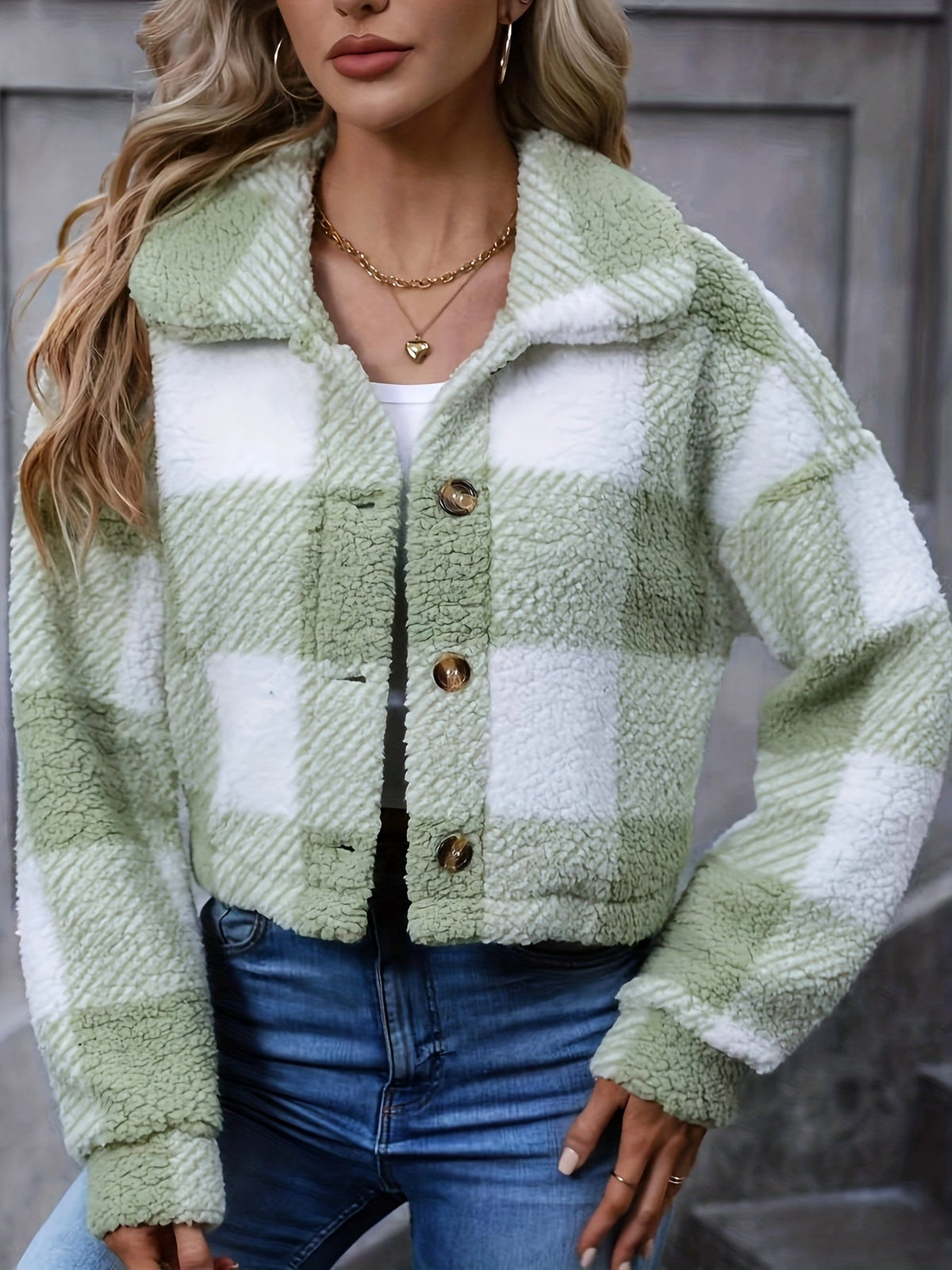 Women's Short Brushed Check Jacket with Button Front