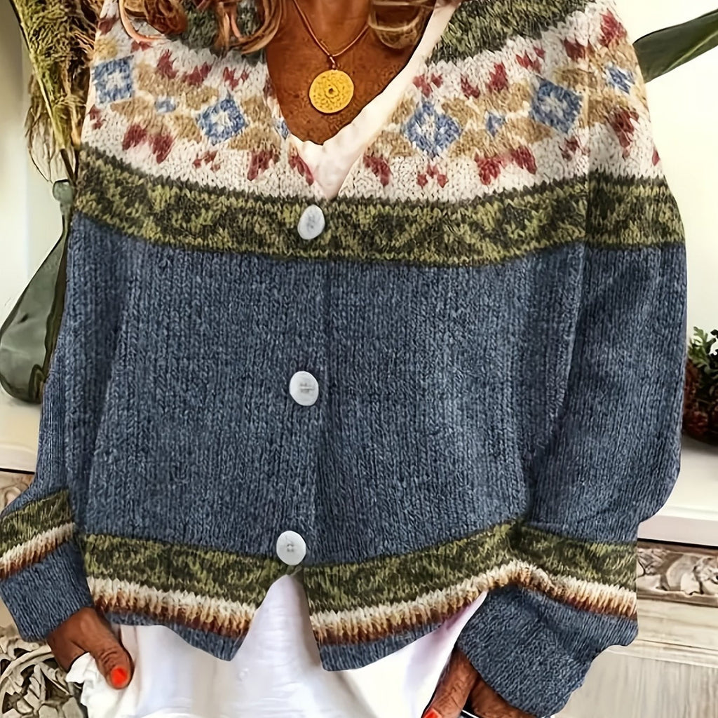 Women's Relaxed Knit Cardigan with Patterned Yoke - Navy & Cream