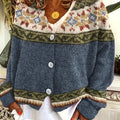 Women's Relaxed Knit Cardigan with Patterned Yoke - Navy & Cream