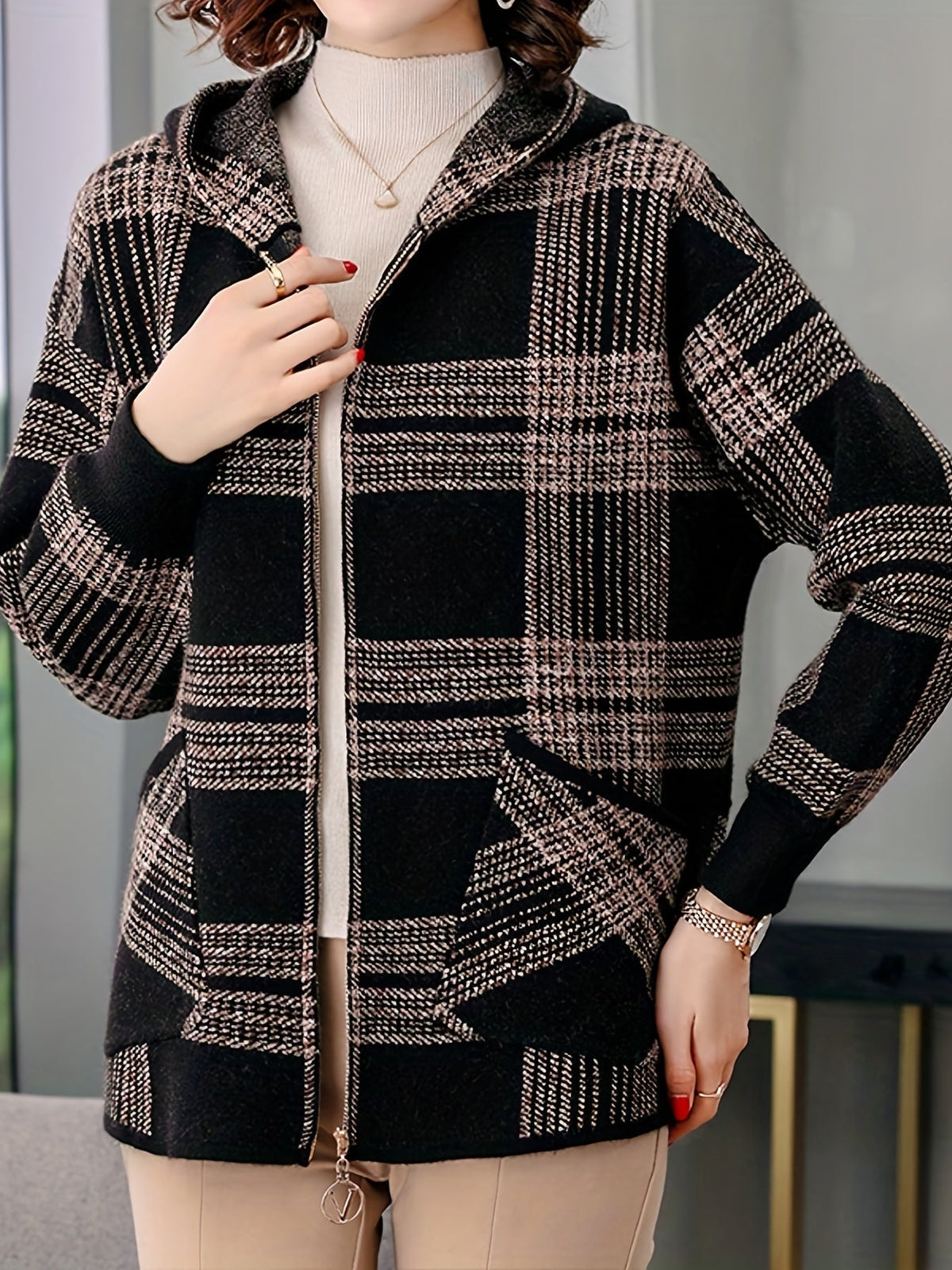 Women's Zip-Through Check Hoodie Jacket