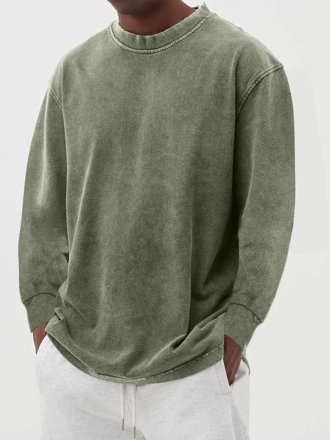 Men's Dropped Shoulder Knit Jumper with Crew Neck – Olive Green