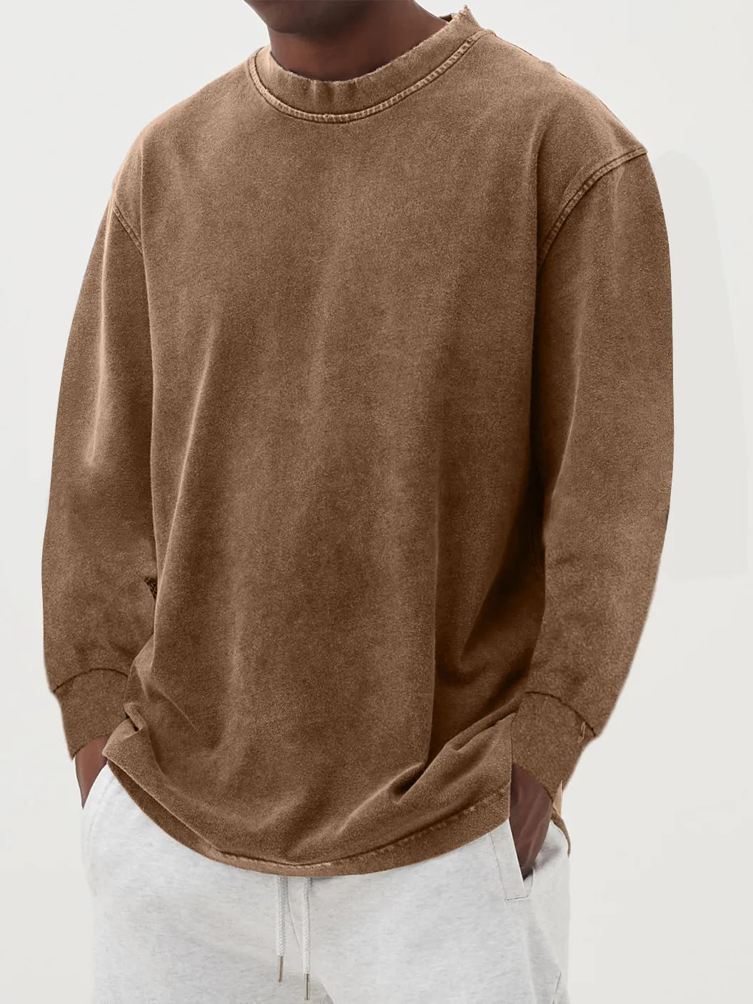 Men's Dropped Shoulder Knit Jumper with Crew Neck – Brown