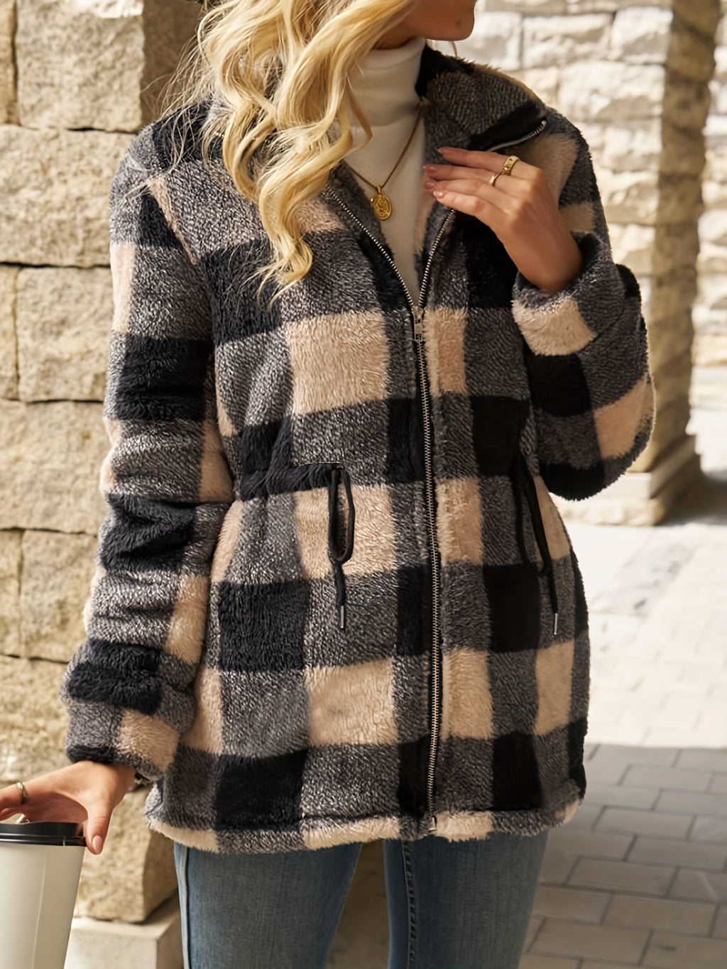Women's Plush Check Full-Zip Hooded Jacket in Black and Beige