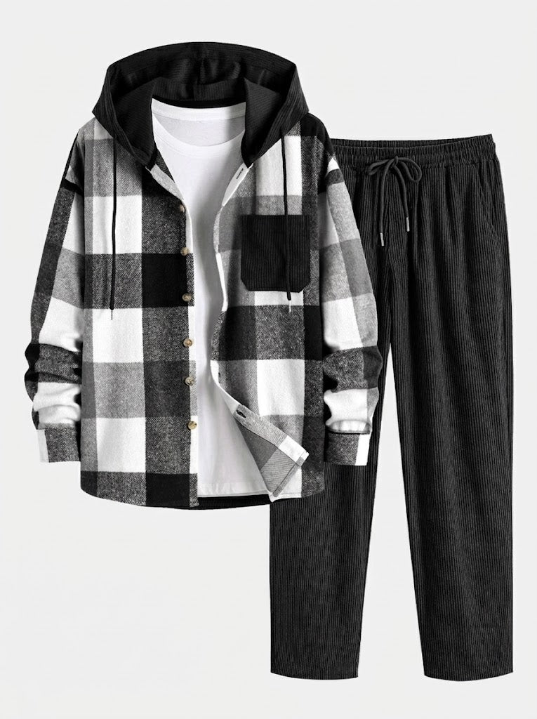 Men's Hooded Flannel Shirt and Cord Trousers Co-ord – Black