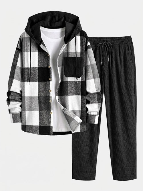 Men's Hooded Flannel Shirt and Cord Trousers Co-ord – Black