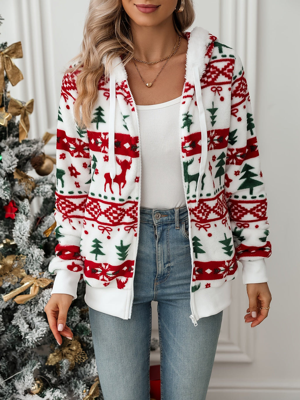 Women's Plush Festive Print Hooded Zip Cardigan with Pockets
