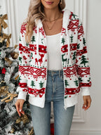 Women's Plush Festive Print Hooded Zip Cardigan with Pockets