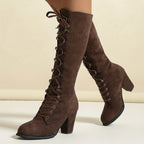 Women's Adjustable Lace-Front Tall Boots with Steady Block Heel