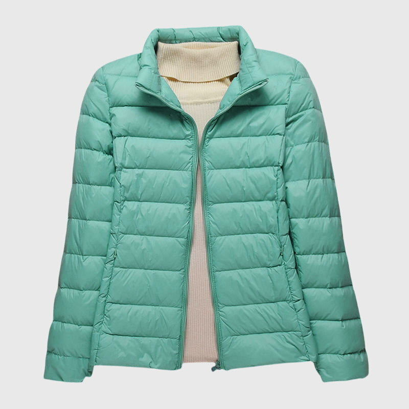 Women's Lightweight Quilted Jacket with Hood or Stand Collar – Turquoise Stand Collar