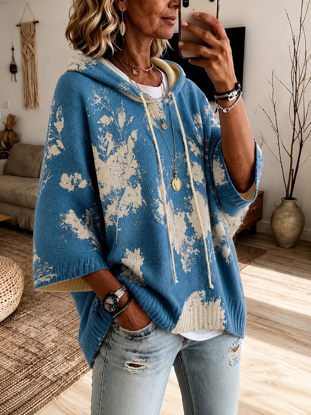 Women's Relaxed Floral Knit Hooded Poncho Jumper