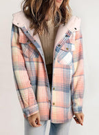 Women's Relaxed Checked Flannel Overshirt with Sherpa Collar - Precious Pink