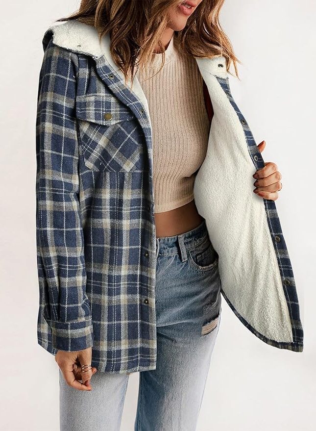 Women's Relaxed Checked Flannel Overshirt with Sherpa Collar