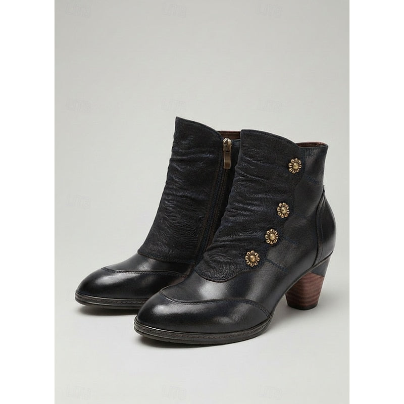 Women's Black Ankle Boots with Floral Buttons and Soft Ruching - Black