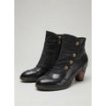Women's Black Ankle Boots with Floral Buttons and Soft Ruching - Black