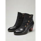 Women's Black Ankle Boots with Floral Buttons and Soft Ruching - Black