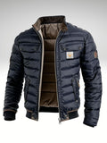 Men's Slim Quilted Jacket Stand Collar Multiple Pockets – Navy Blue