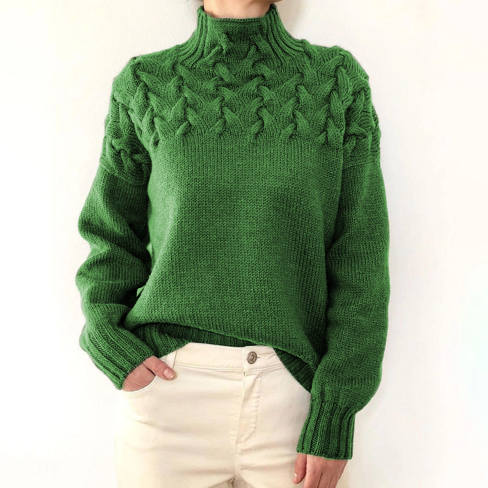 Women's Braided Yoke Roll-Neck Jumper with Ribbed Trims – Green