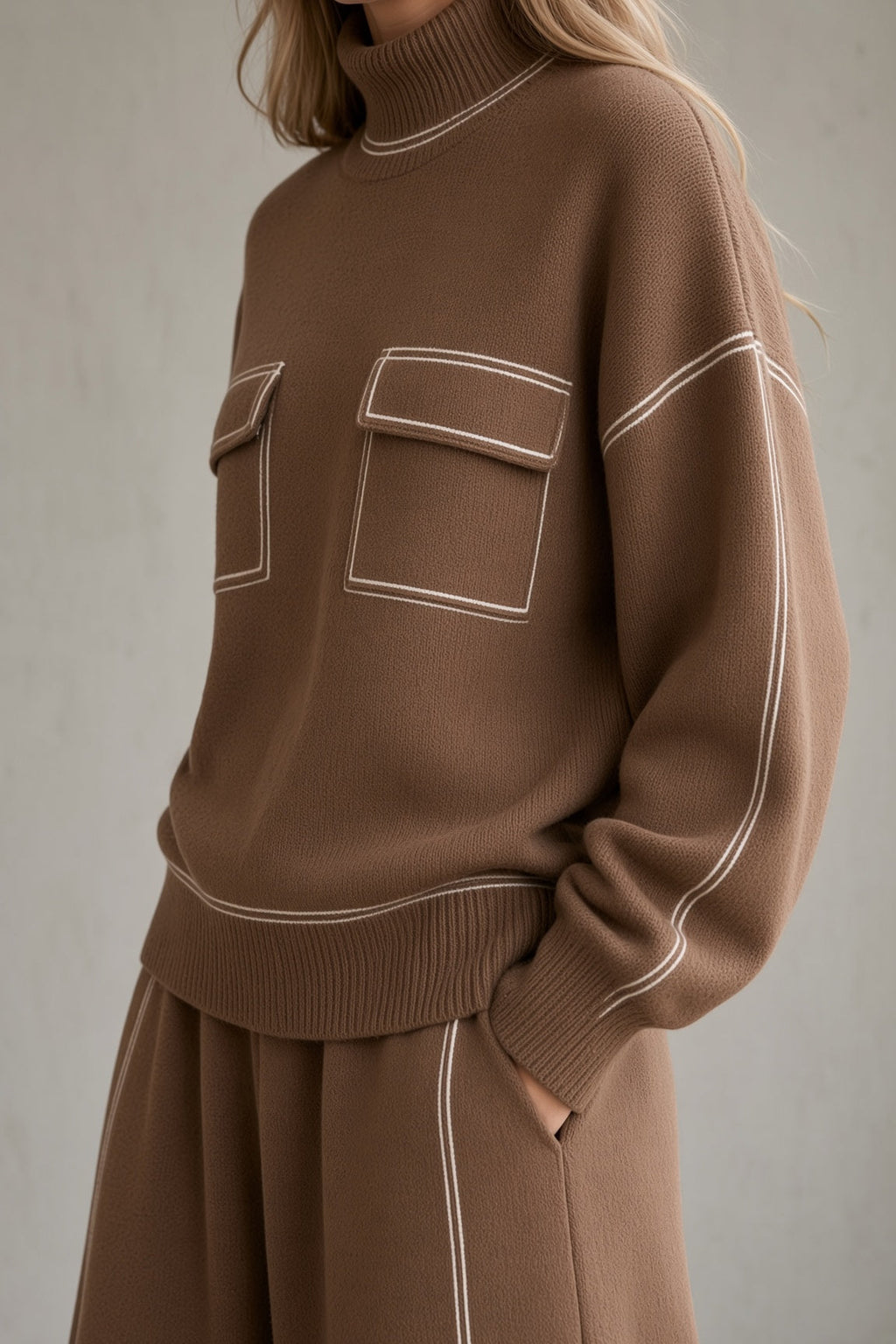 Women's Knit Roll Neck Top and Flared Skirt Co-ord